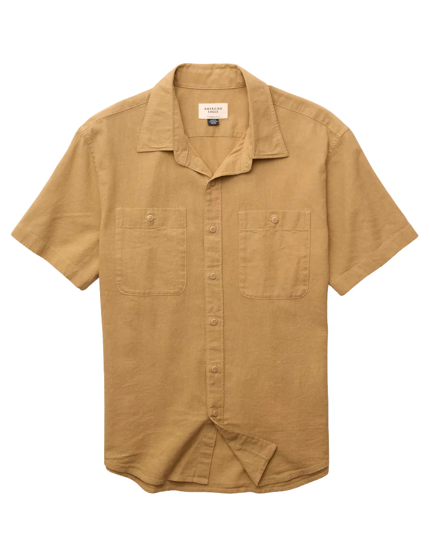 American Eagle Mens Standard Fit Linen-Blend Short Sleeve Shirt