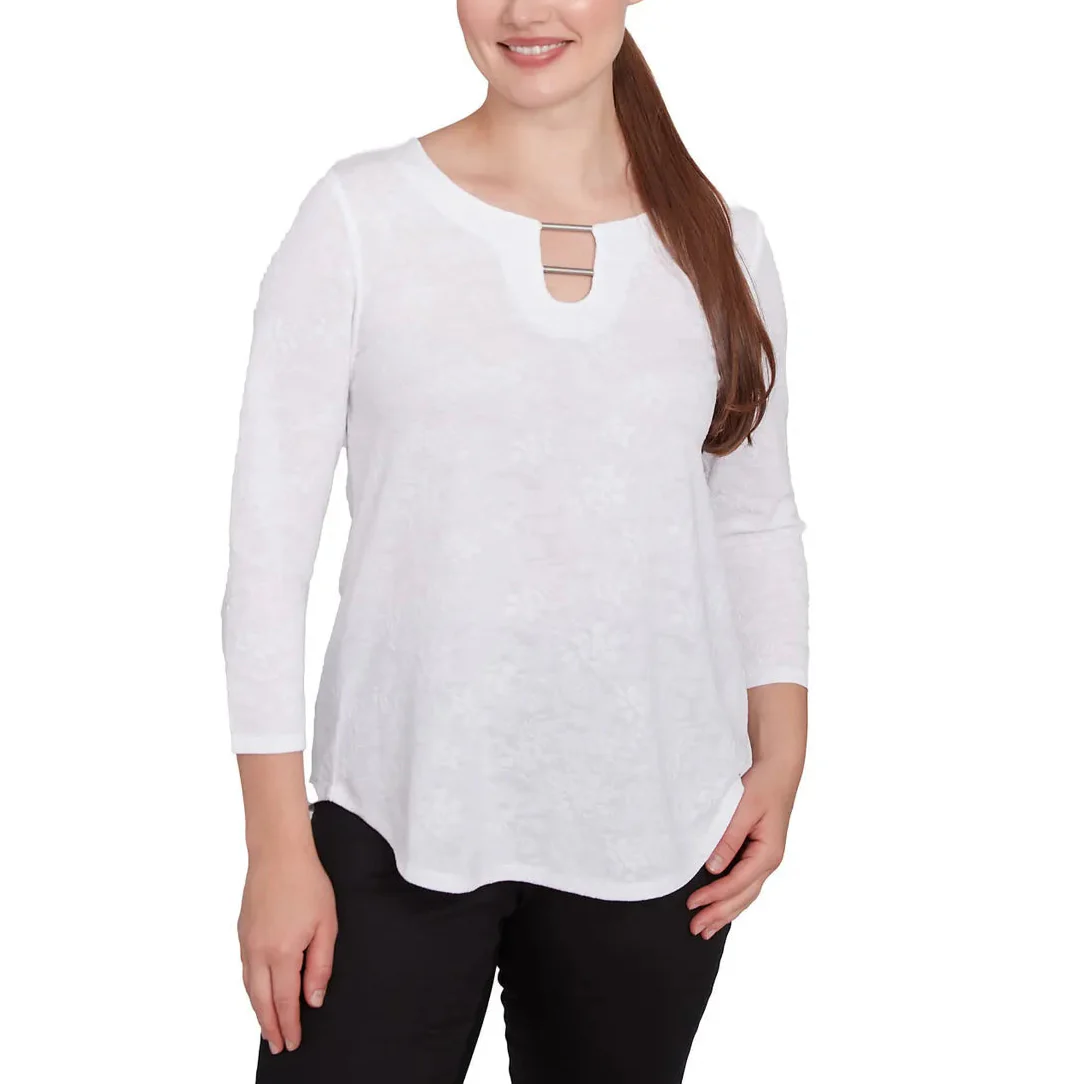 Ruby Rd. Womens Solid Paisley Floral Textured 3/4 Sleeve Top - Image 2
