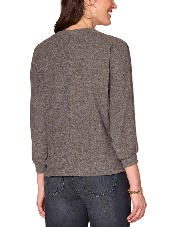 Democracy Womens Mandarin Collar Twist Hem Mixed Media Knit 3/4 Sleeve Top - Image 3