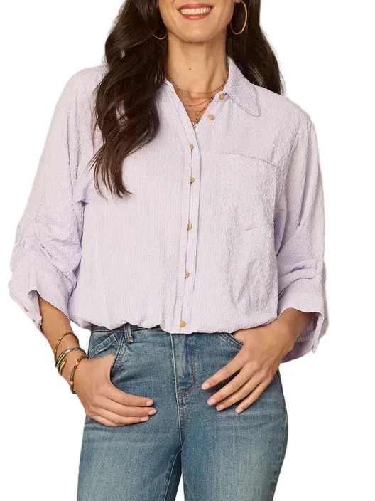 Democracy Womens Tucked Sleeve Smocked Button Down Bubble Hem Splice Stripe Woven Shirt