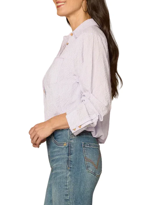 Democracy Womens Tucked Sleeve Smocked Button Down Bubble Hem Splice Stripe Woven Shirt - Image 2