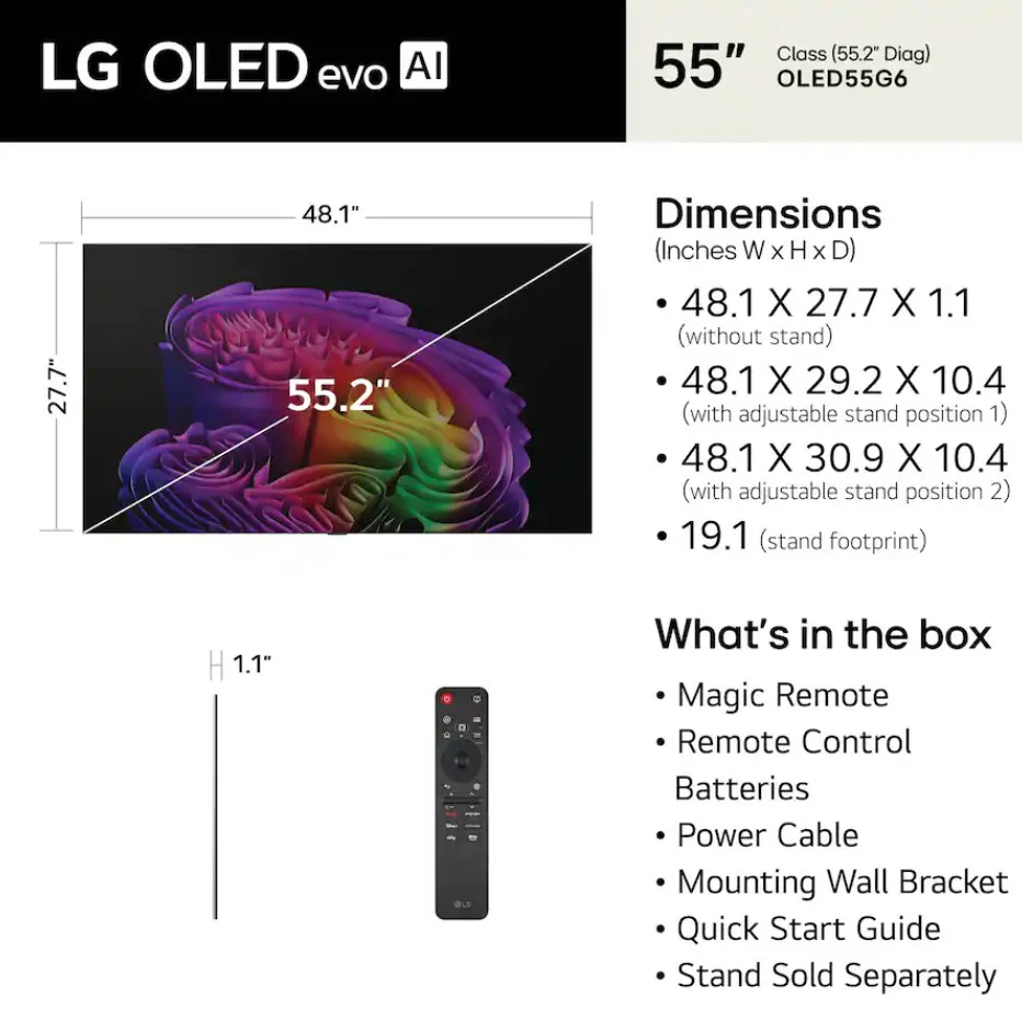 LG 55" Class G6 Series OLED evo AI 4K Smart webOS TV with Gallery Design and Flush Wall Mount - Image 6