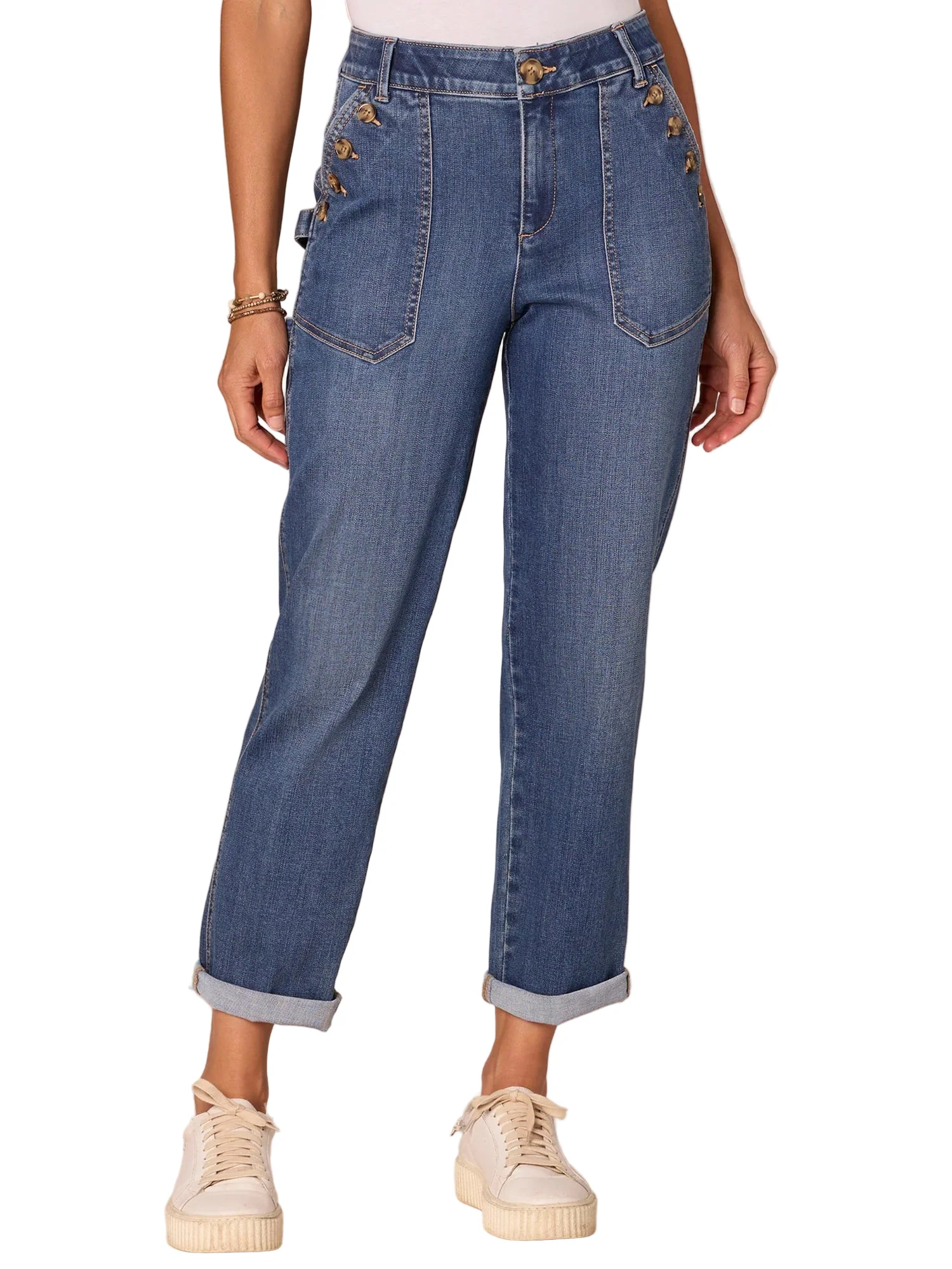 Democracy Womens "Ab"solution High Rise Button Pocket Roll Cuff Straight Leg Jeans - Image 2