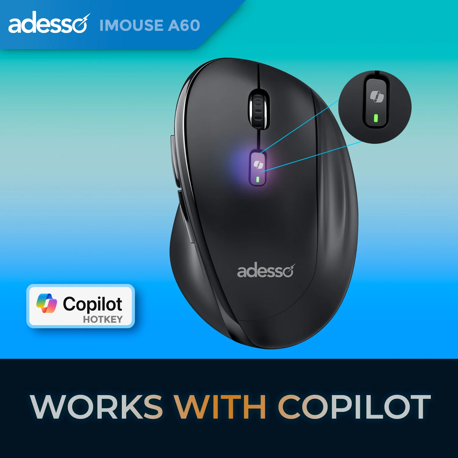 Adesso iMouse A60 Bluetooth 2.4Ghz RF Wireless Ergonomic Mouse with Copilot AI Button - Image 6
