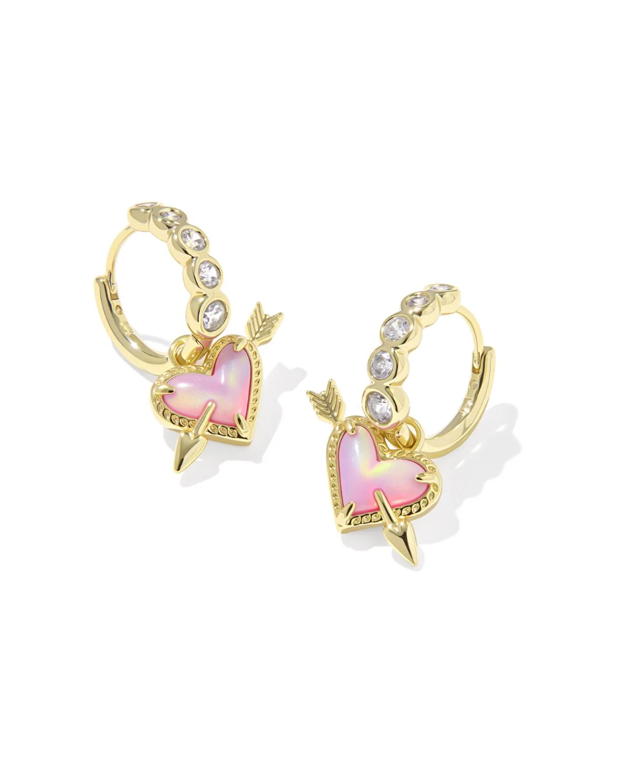 Kendra Scott Pink Opalescent Ari Heart Arrow Huggie Earrings - Gold Plated