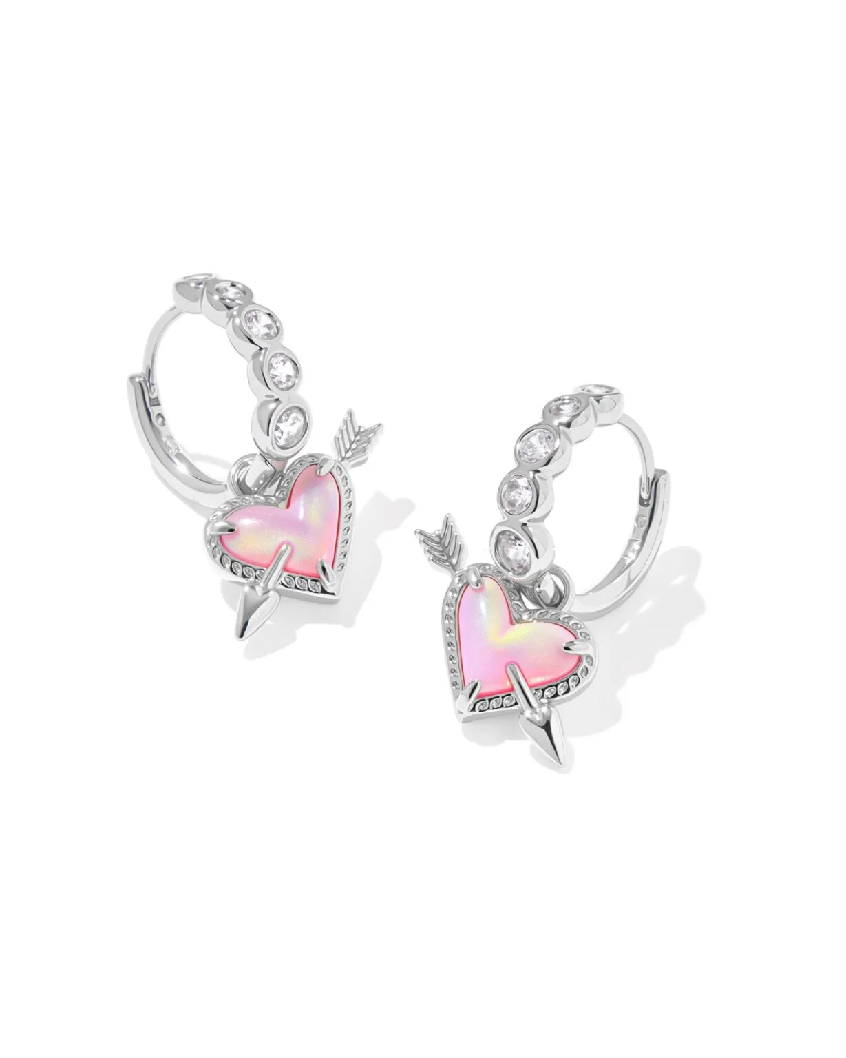 Kendra Scott Pink Opalescent Ari Heart Arrow Huggie Earrings - Silver Plated