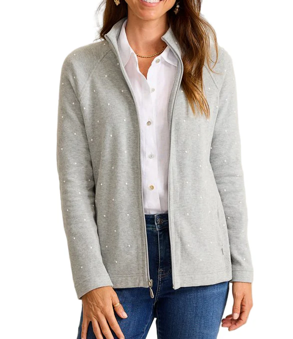 Tommy Bahama Womens Aruba Embellished Pearl Full-Zip Sweatshirt