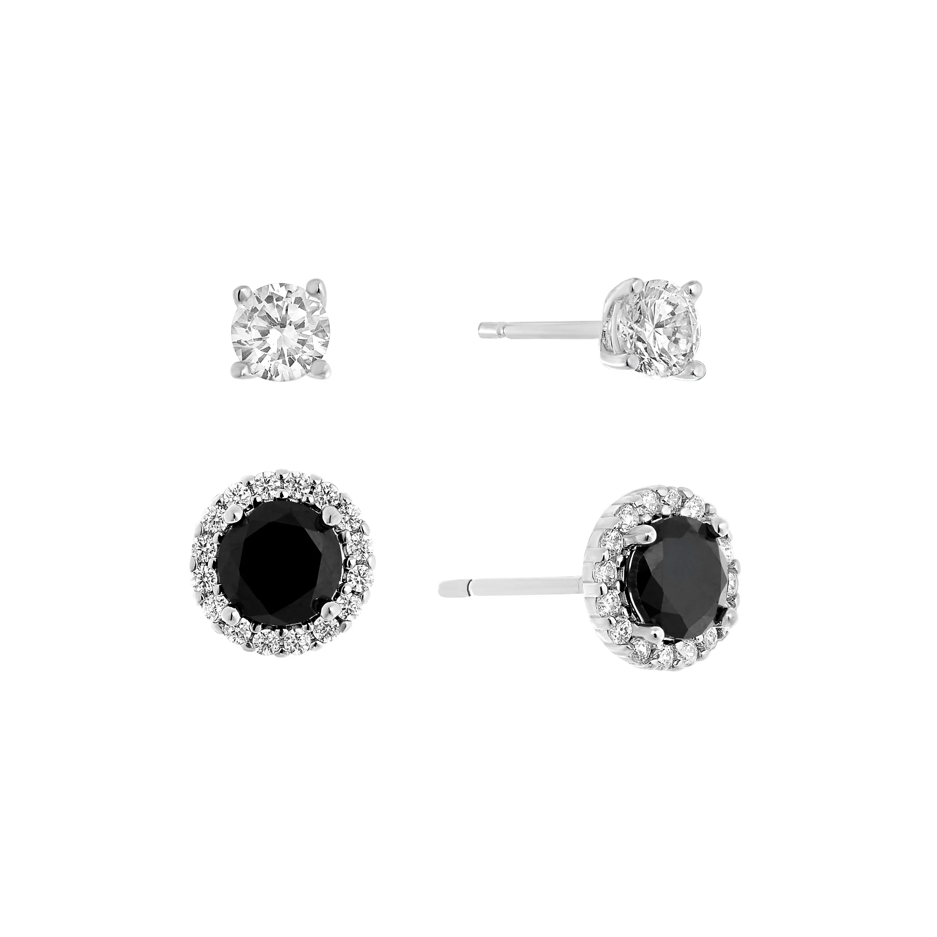 Athra Silver & Black Halo Stud Earrings Set