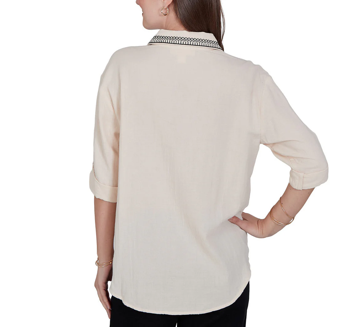Ruby Road Womens Embroidered Gauze Button Front 3/4 Sleeve Top - Image 2