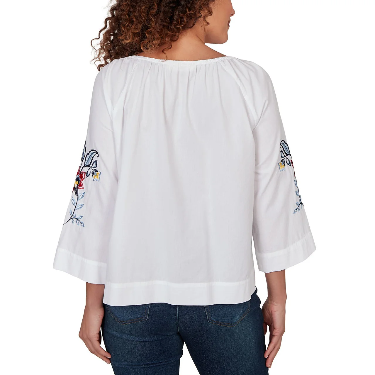 Ruby Rd. Womens Floral Embroidered Poplin Button Front Top - Image 2