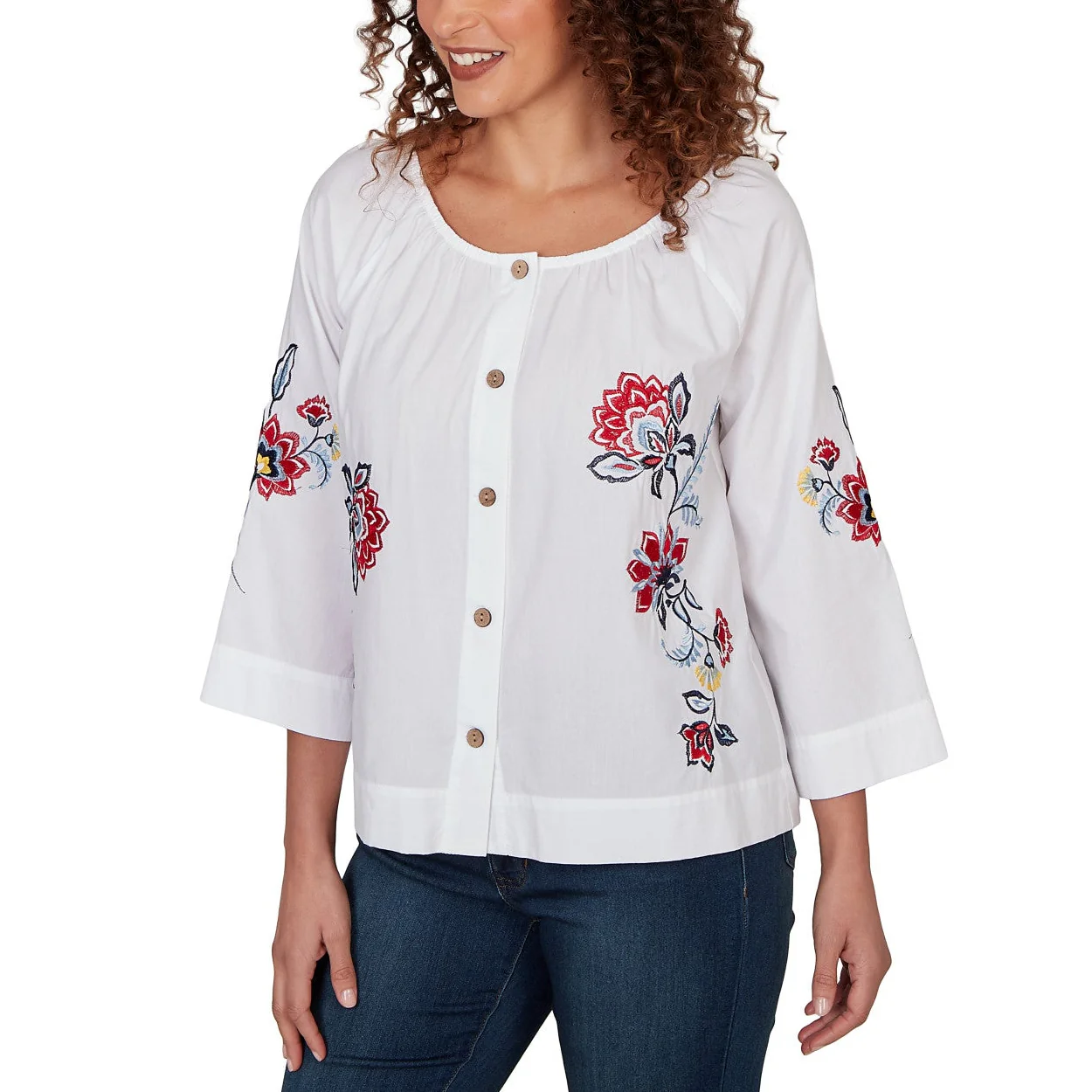 Ruby Rd. Womens Floral Embroidered Poplin Button Front Top - Image 3