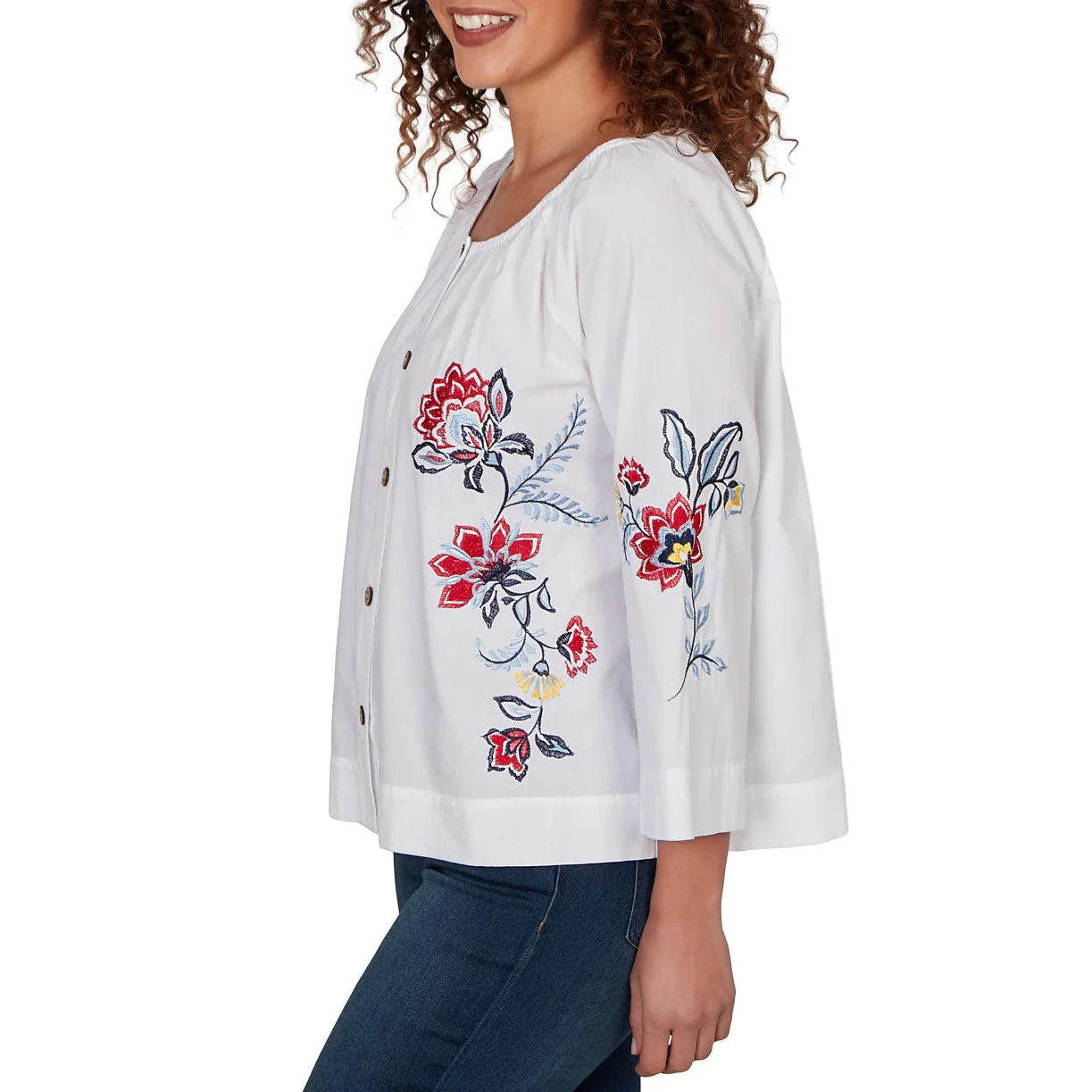 Ruby Rd. Womens Floral Embroidered Poplin Button Front Top - Image 4