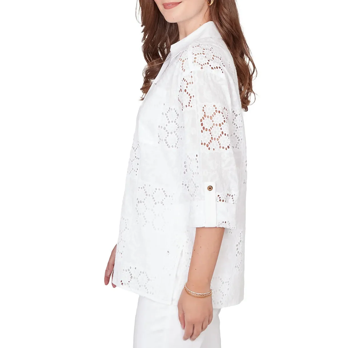 Ruby Rd. Womens Patchwork Eyelet Roll-Tab Sleeve Top - Image 3