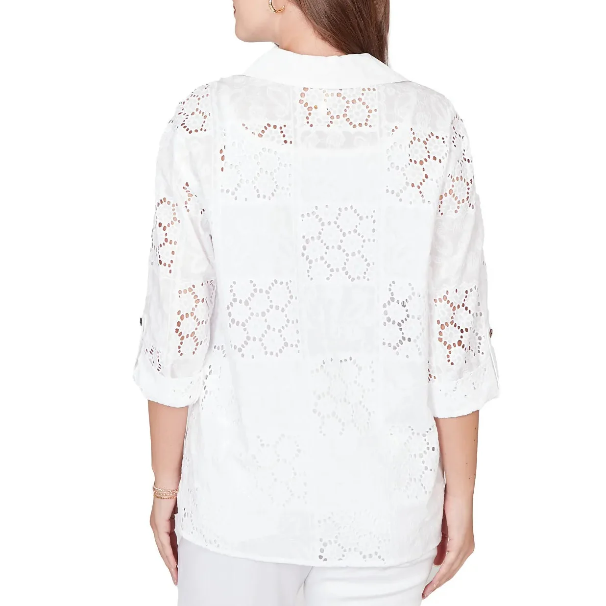 Ruby Rd. Womens Patchwork Eyelet Roll-Tab Sleeve Top - Image 4