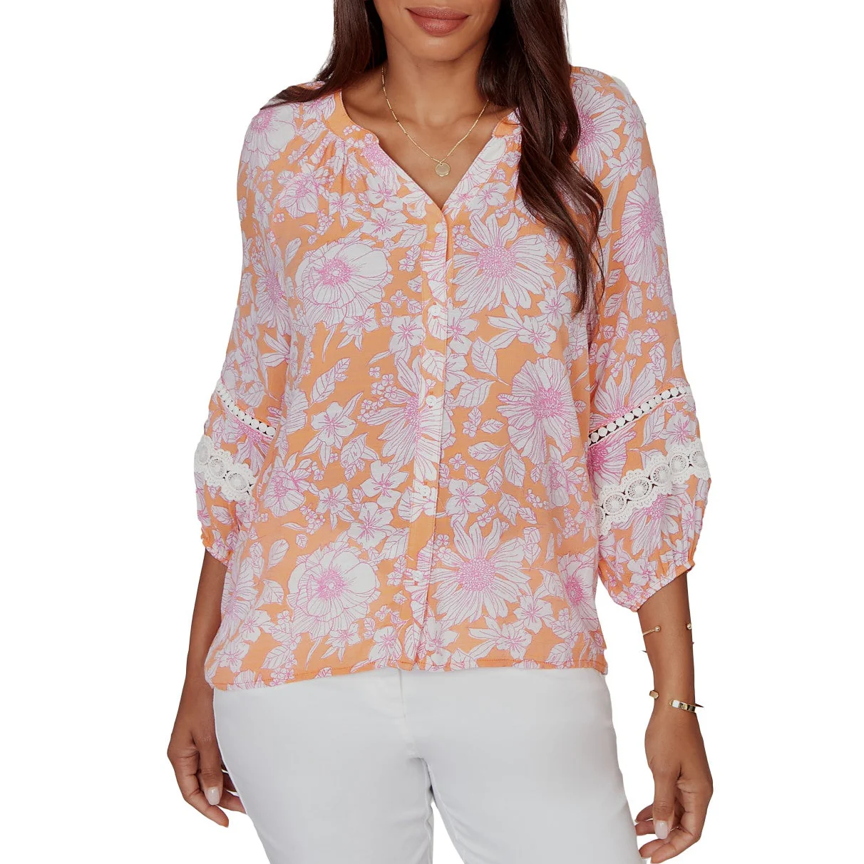 Ruby Rd. Womens Floral Silky Gauze Peasant Blouse