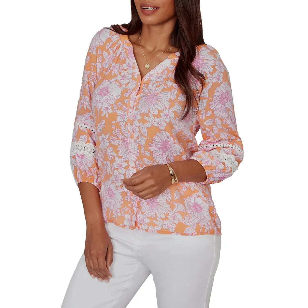 Ruby Rd. Womens Floral Silky Gauze Peasant Blouse - Image 3