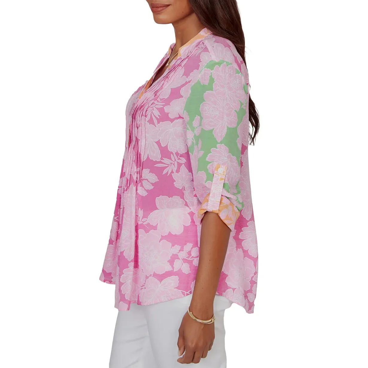Ruby Rd. Womens Color Block Floral Pintuck Gauze Blouse - Image 4