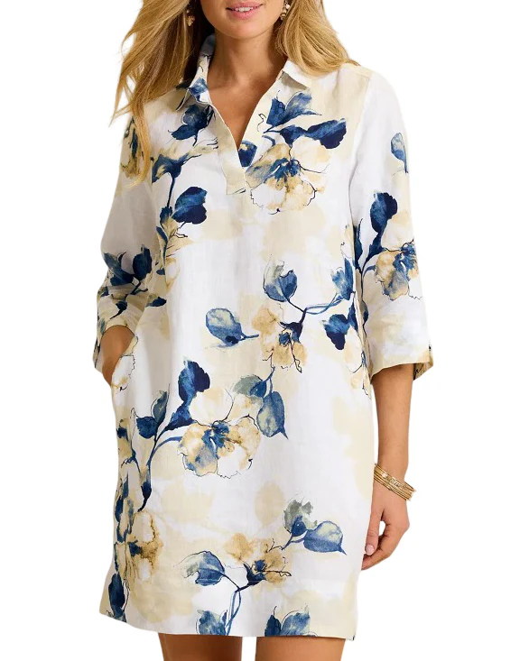 Tommy Bahama Womens Two Palms Beleza Blossom 3/4 Sleeve Linen Shift Dress