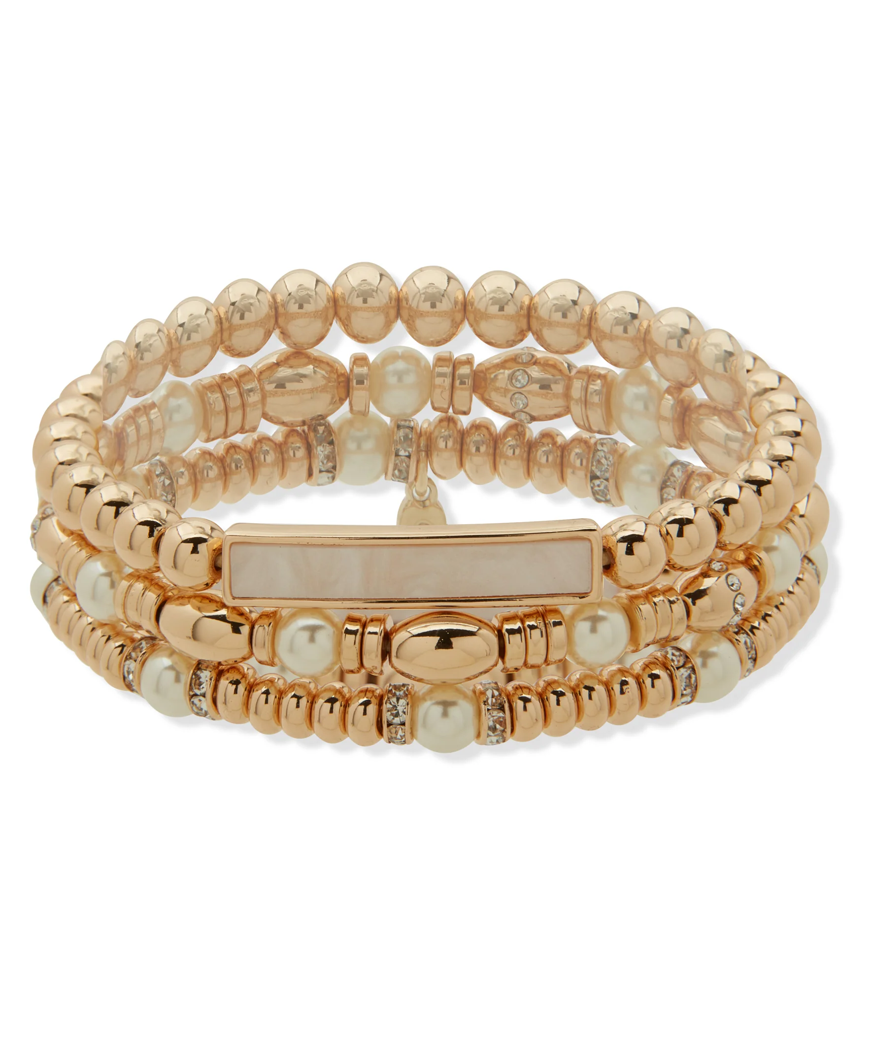 Nine West Gold-Tone 3 Row Pearl Stretch Bracelet