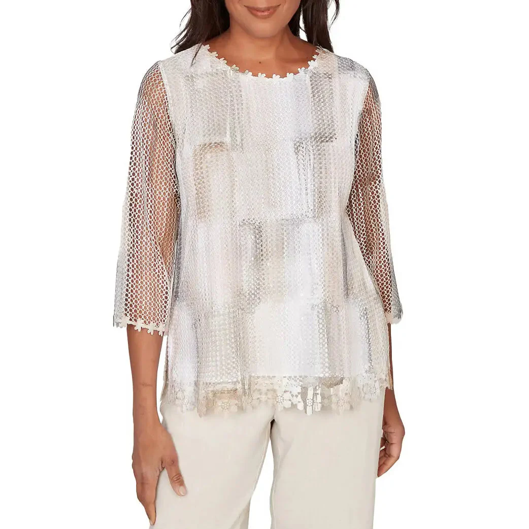 Alfred Dunner Womens Neutral Brushstrokes Mesh Top