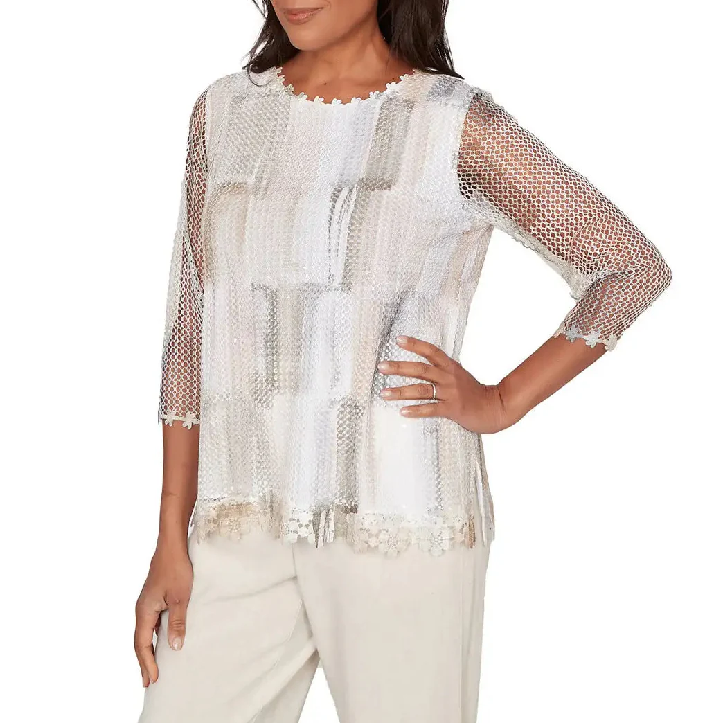 Alfred Dunner Womens Neutral Brushstrokes Mesh Top - Image 3