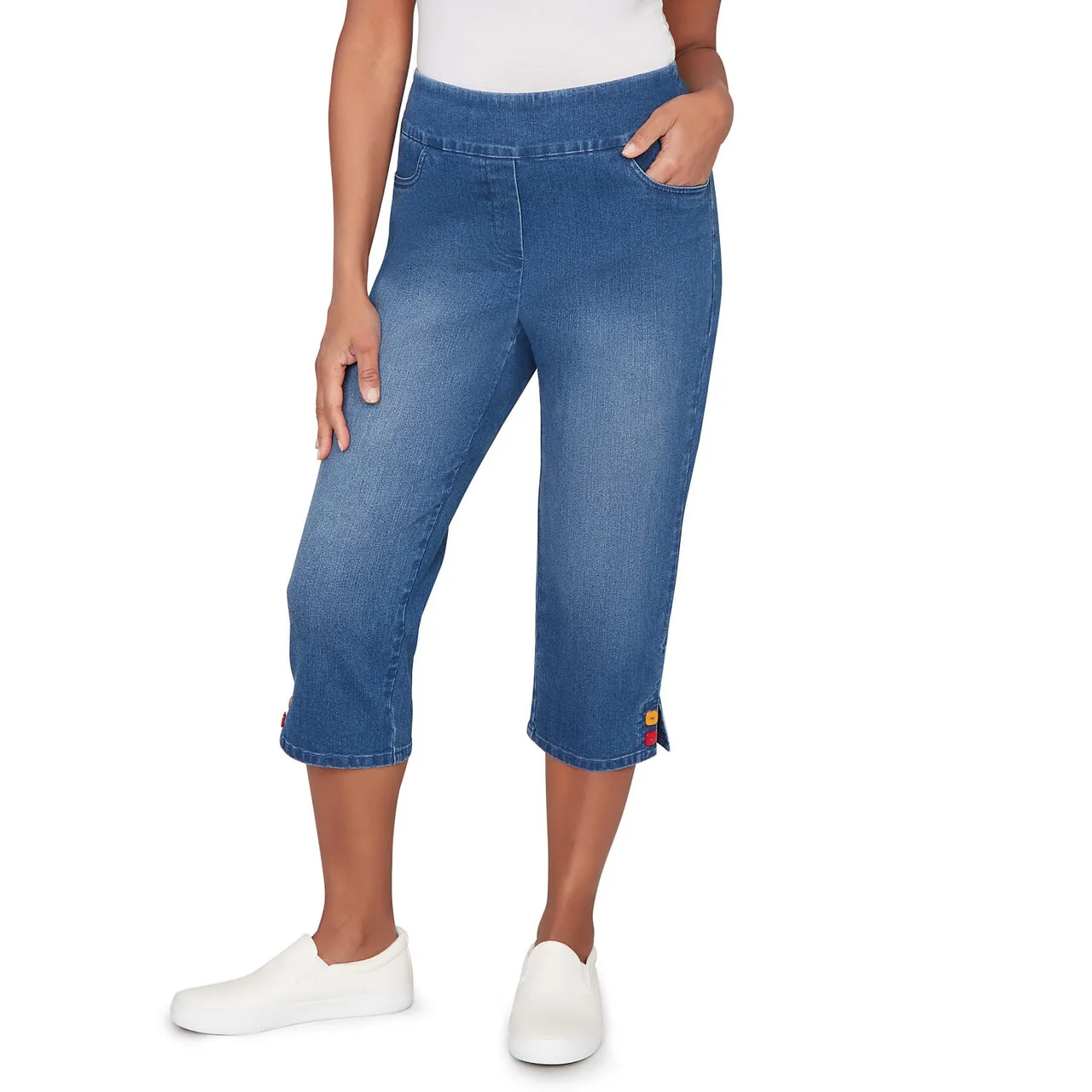 Alfred Dunner Womens Colored Button Super Stretch Denim Capri Pants