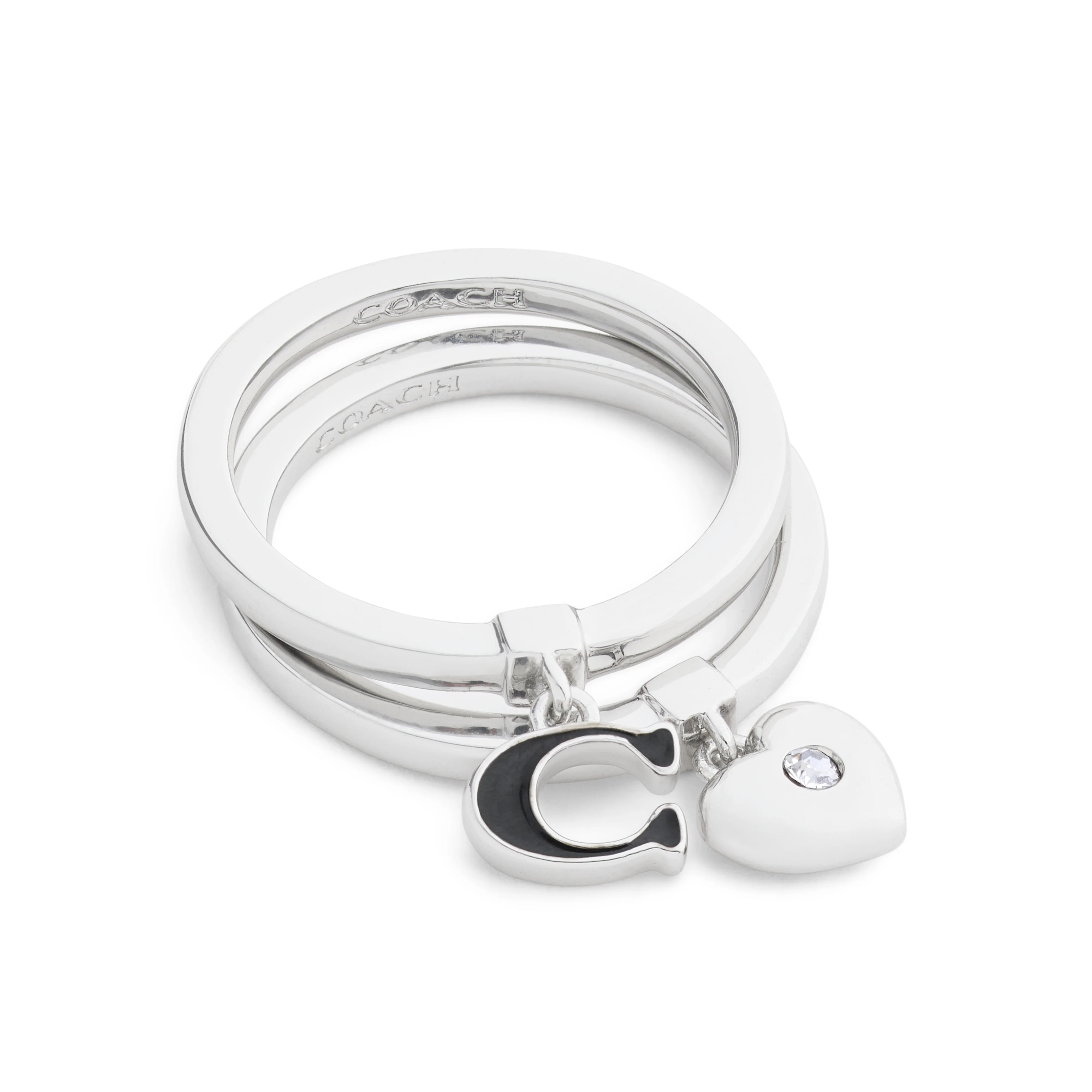 Coach Signature C Heart Charm Duo Ring Set - Size 7