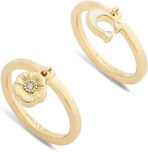 Coach Signature C Tea Rose Charm Duo Ring Set - Size 8 - Image 3