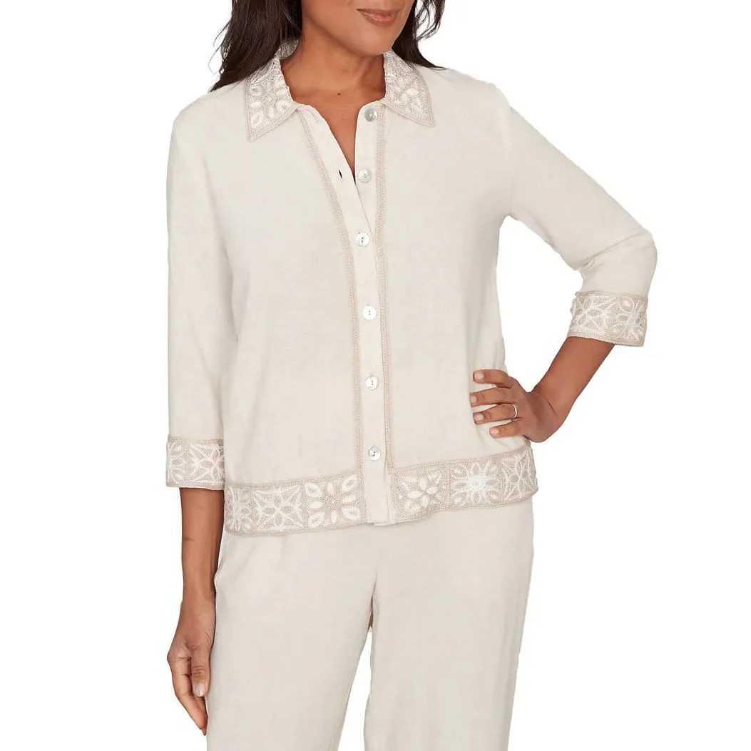 Alfred Dunner Womens Embellished Crochet Trim Linen Jacket