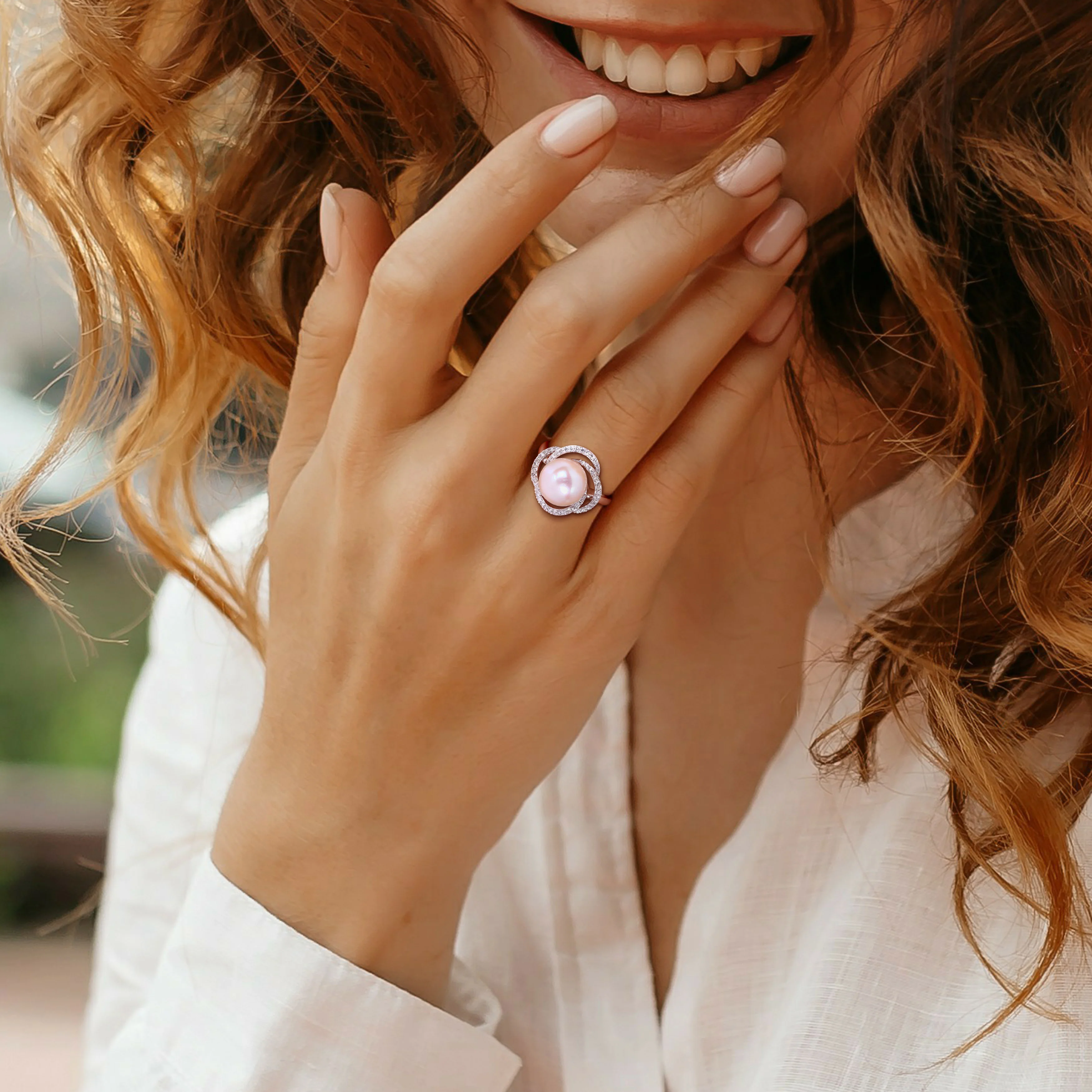 Sofia B Cultured Freshwater Pearl And 1/4 CT TW Diamond Swirl Ring - Size 7 - Image 5