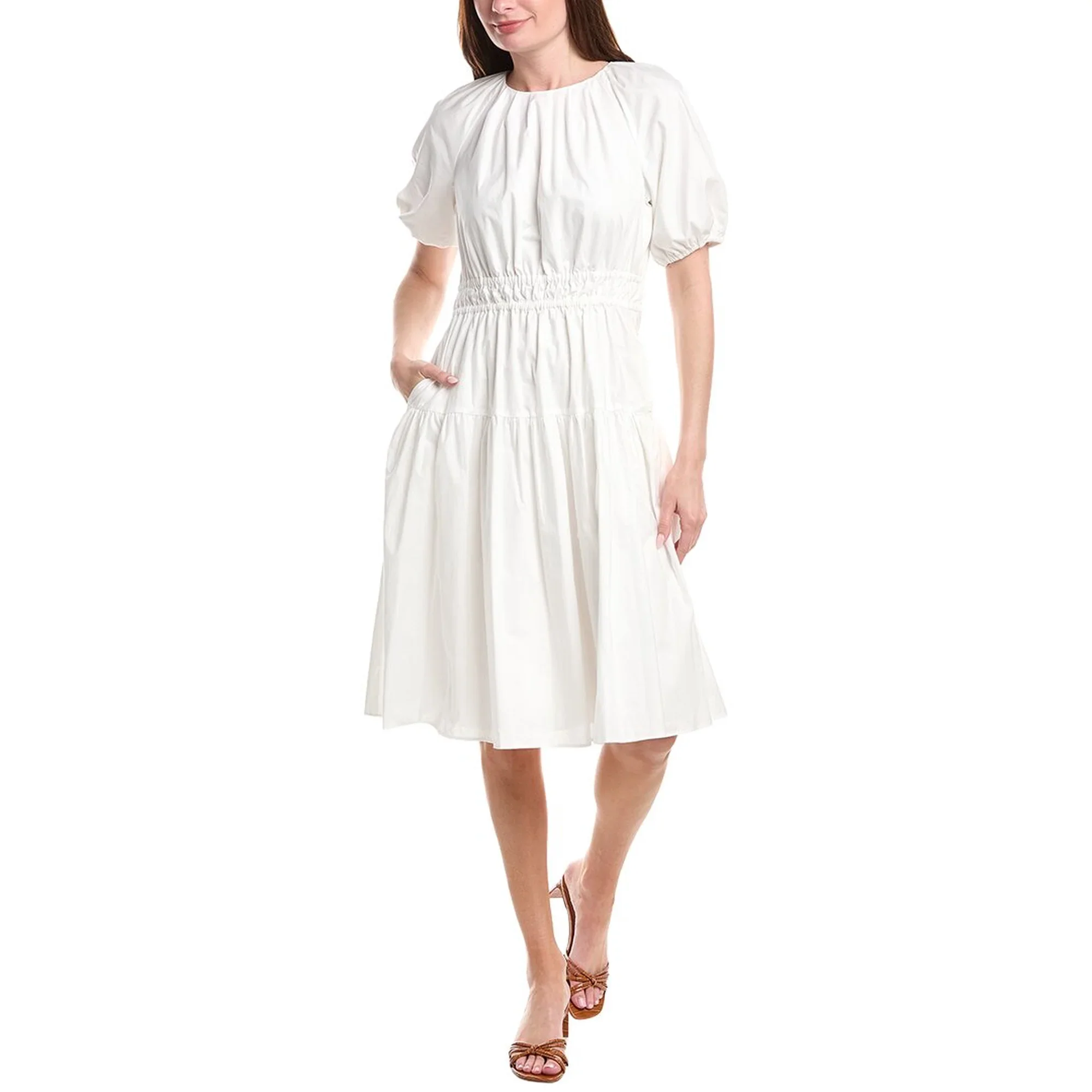 Brooks Brothers Womens Poplin Smocked Puff Sleeve Dress