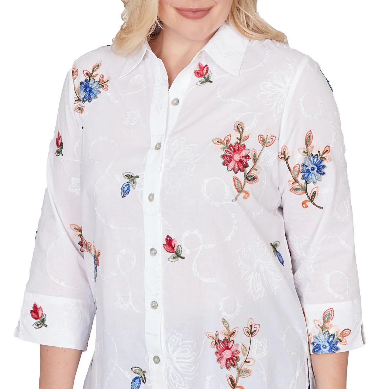 Alfred Dunner Womens Embroidered Flower Collared Button Front Top - Image 5