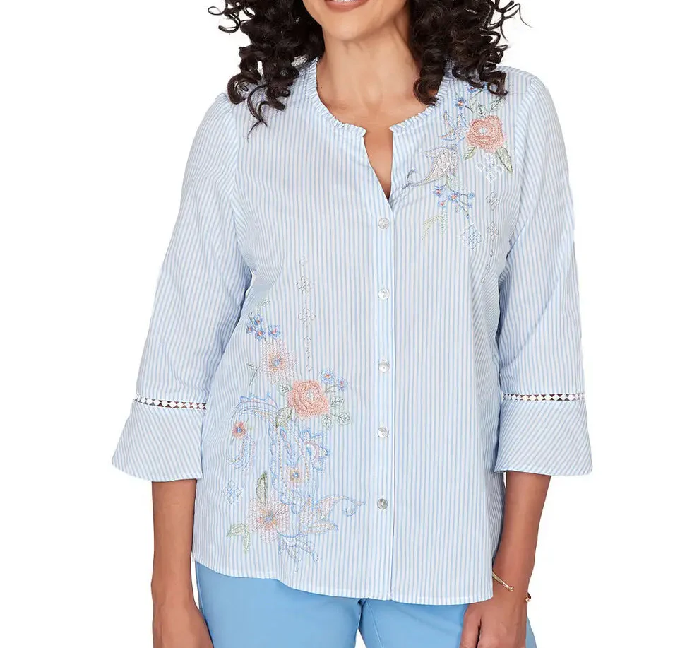 Ruby Rd. Women's Striped Floral Embroidered Button Down Top