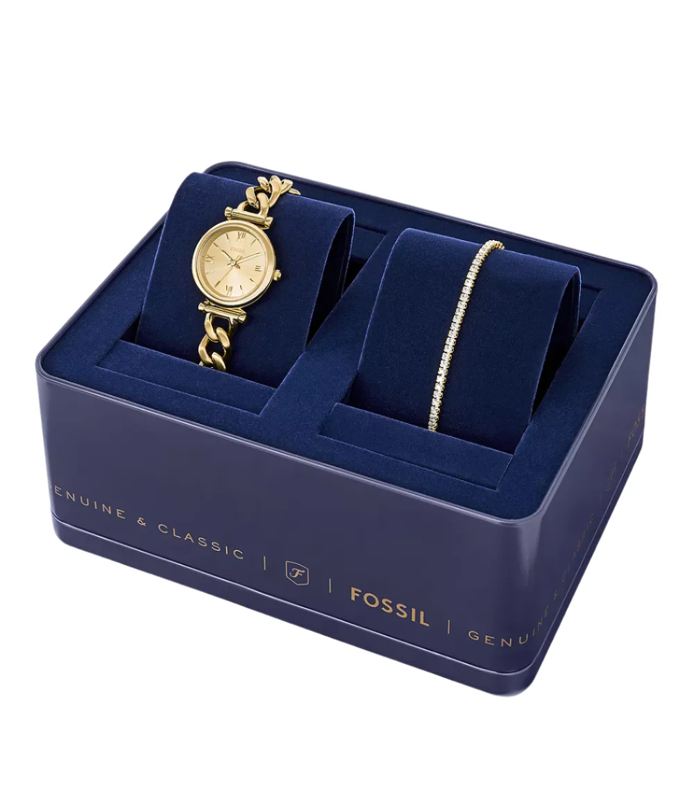 Fossil Womens Carlie Three-Hand Gold-Tone Stainless Steel Watch And Bracelet Gift Set - Image 5