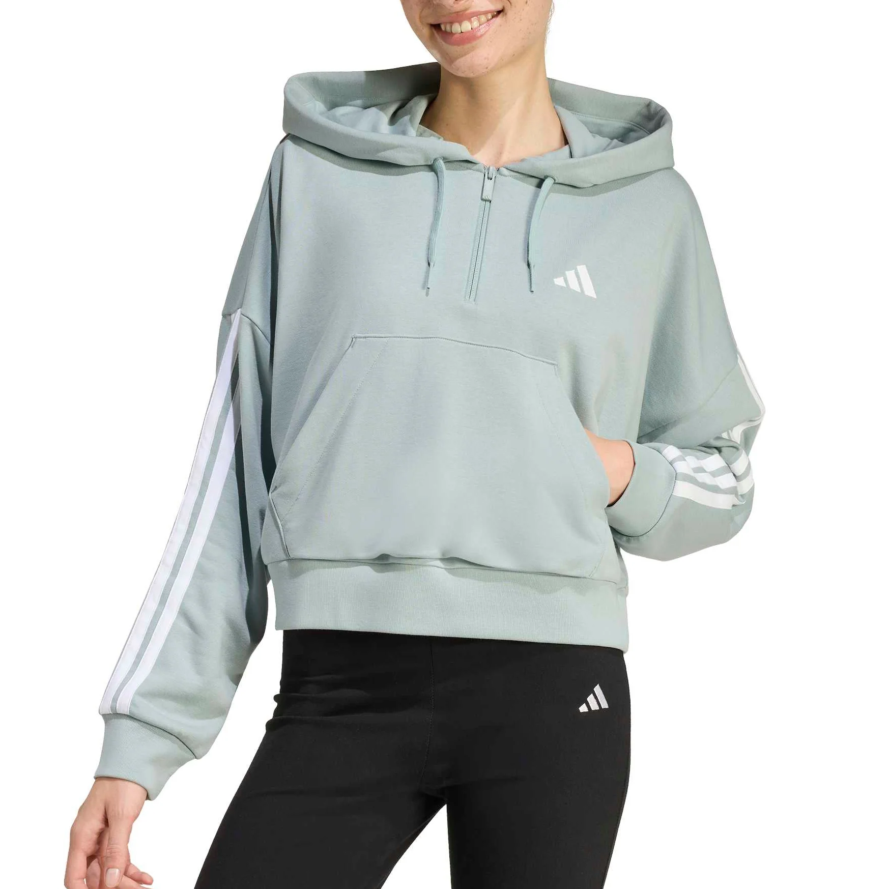 adidas Womens Essentials 3-Stripes French Terry Quarter-Zip Hoodie Jacket - Image 2