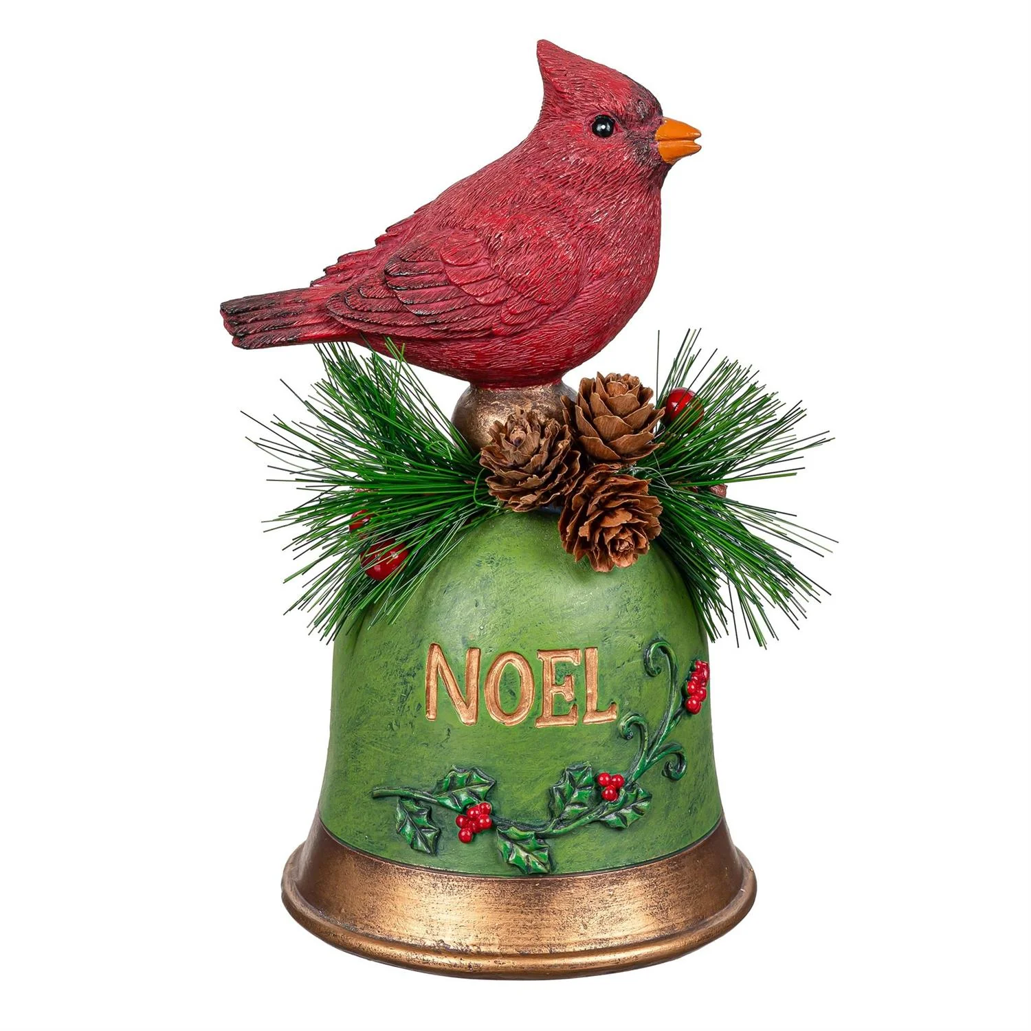 Evergreen Holiday Poinsettia Cardinal on Bell Resin Table Decor - Image 2