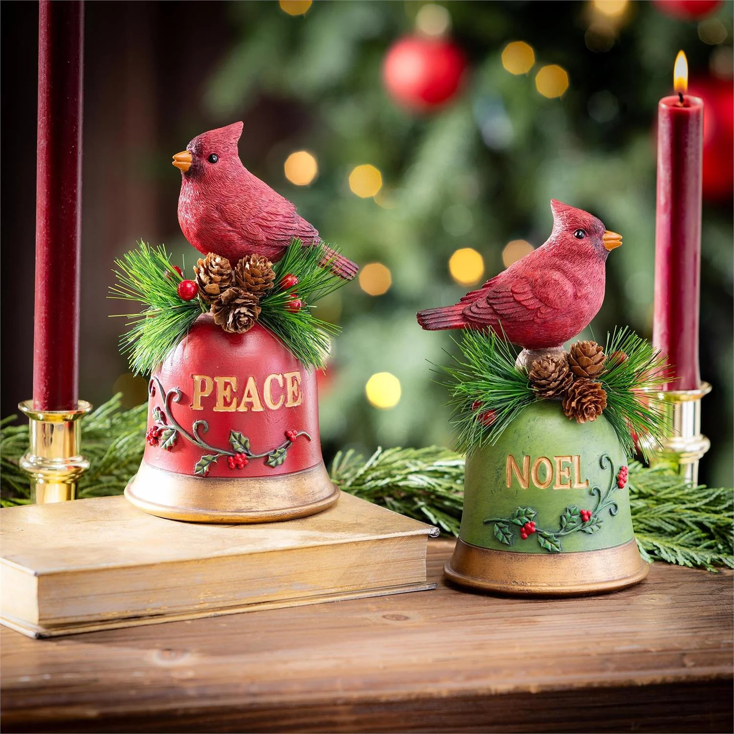 Evergreen Holiday Poinsettia Cardinal on Bell Resin Table Decor - Image 4
