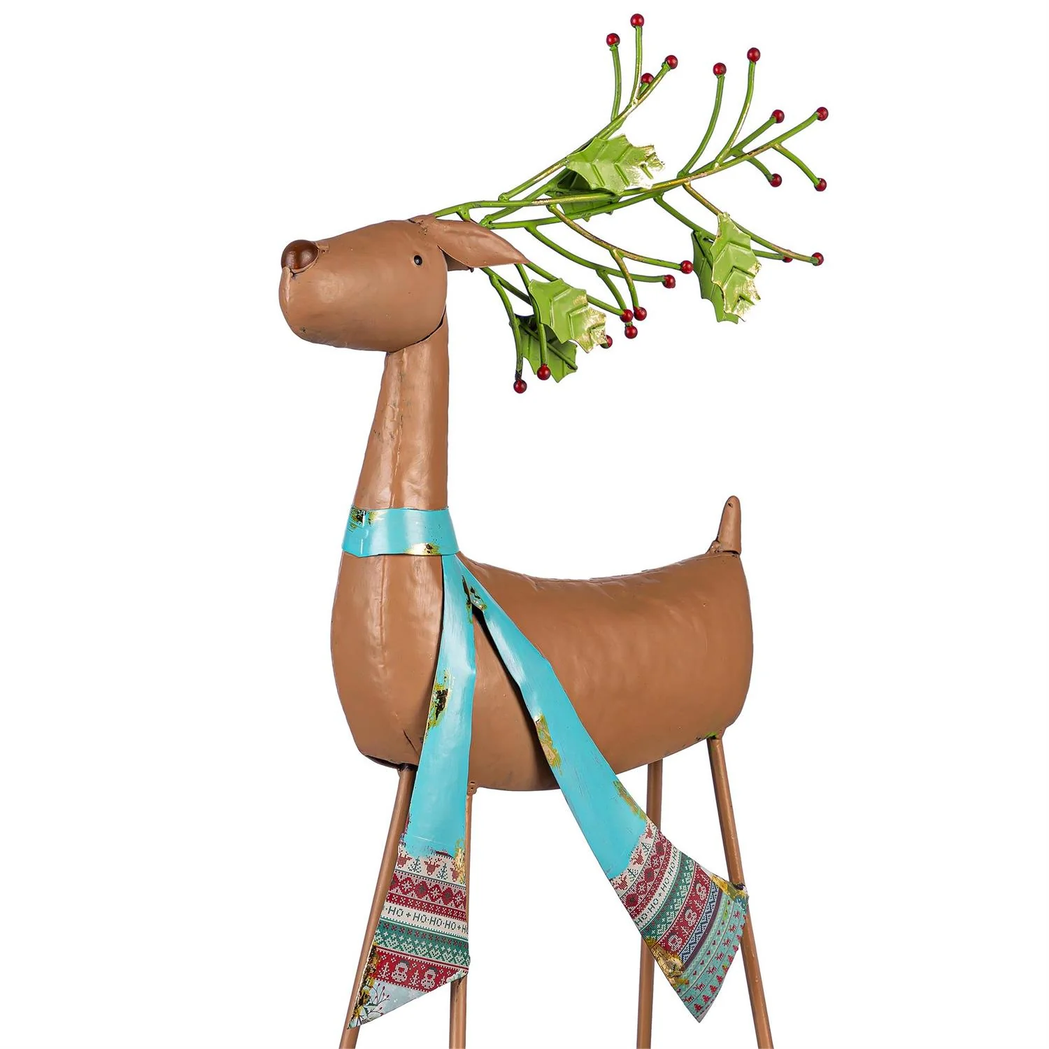 Evergreen Holiday Poinsettia Green Scarf Deer Metal Garden Statue - Image 2