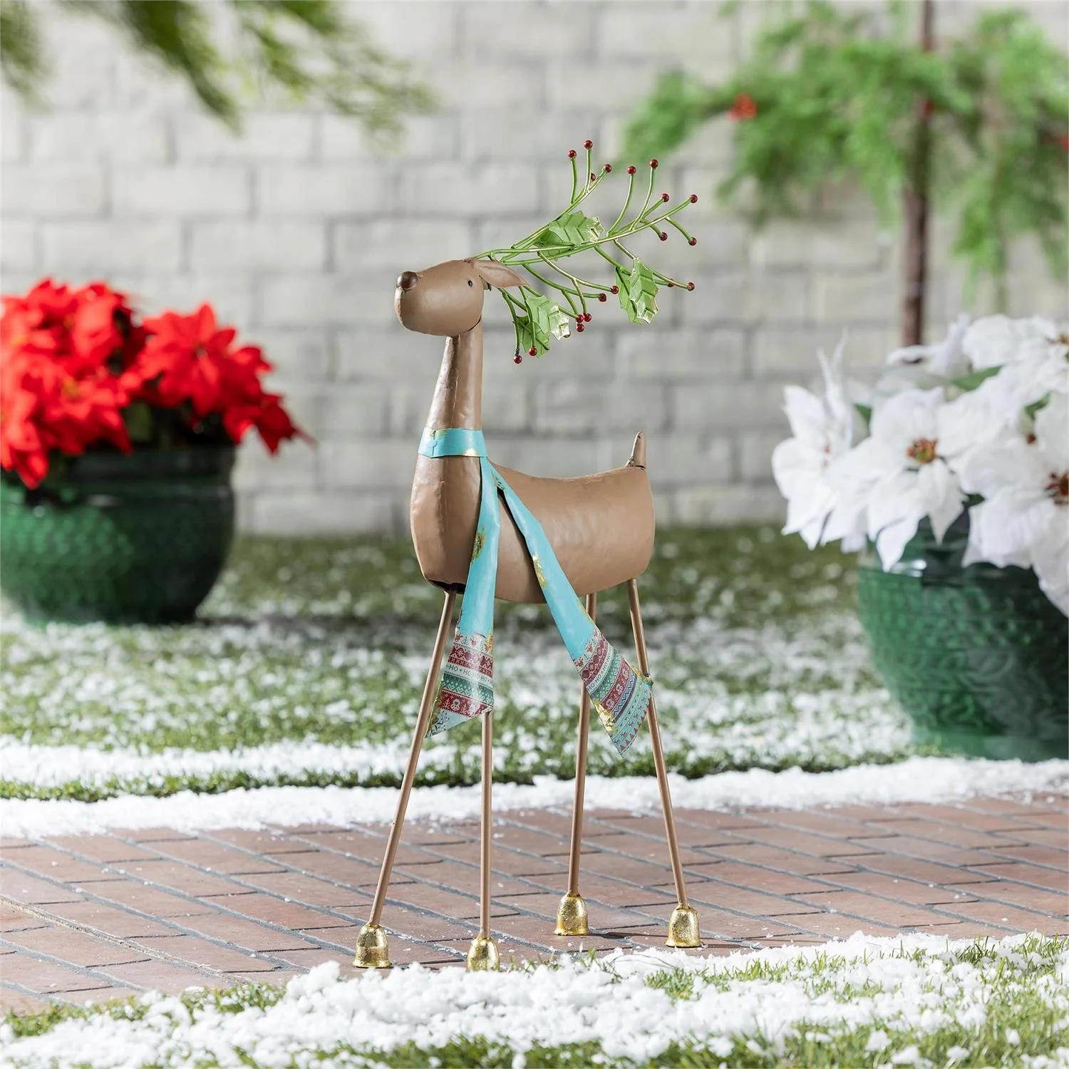 Evergreen Holiday Poinsettia Green Scarf Deer Metal Garden Statue - Image 3