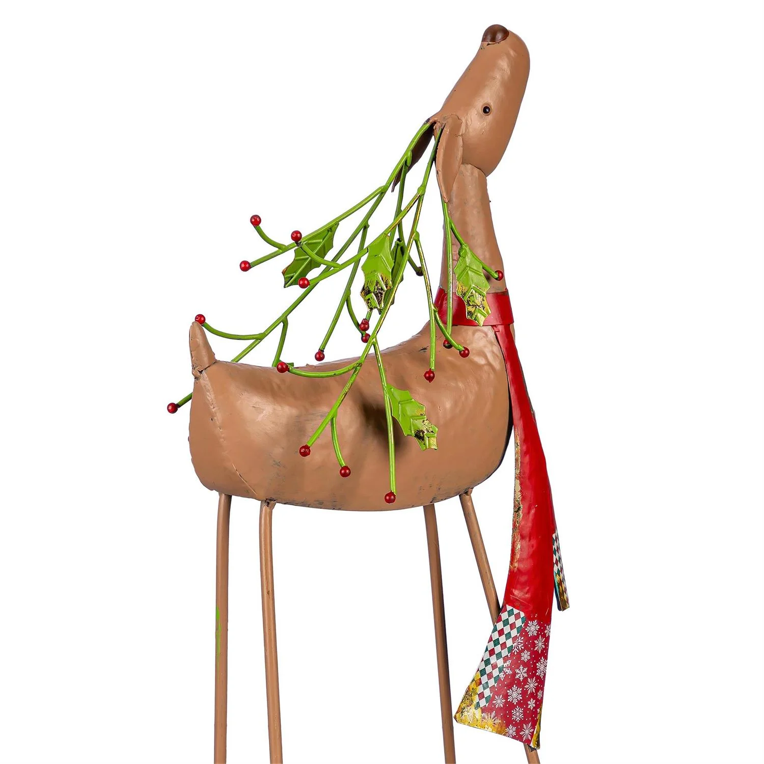 Evergreen Holiday Poinsettia Red Scarf Deer Metal Garden Statue - Image 2