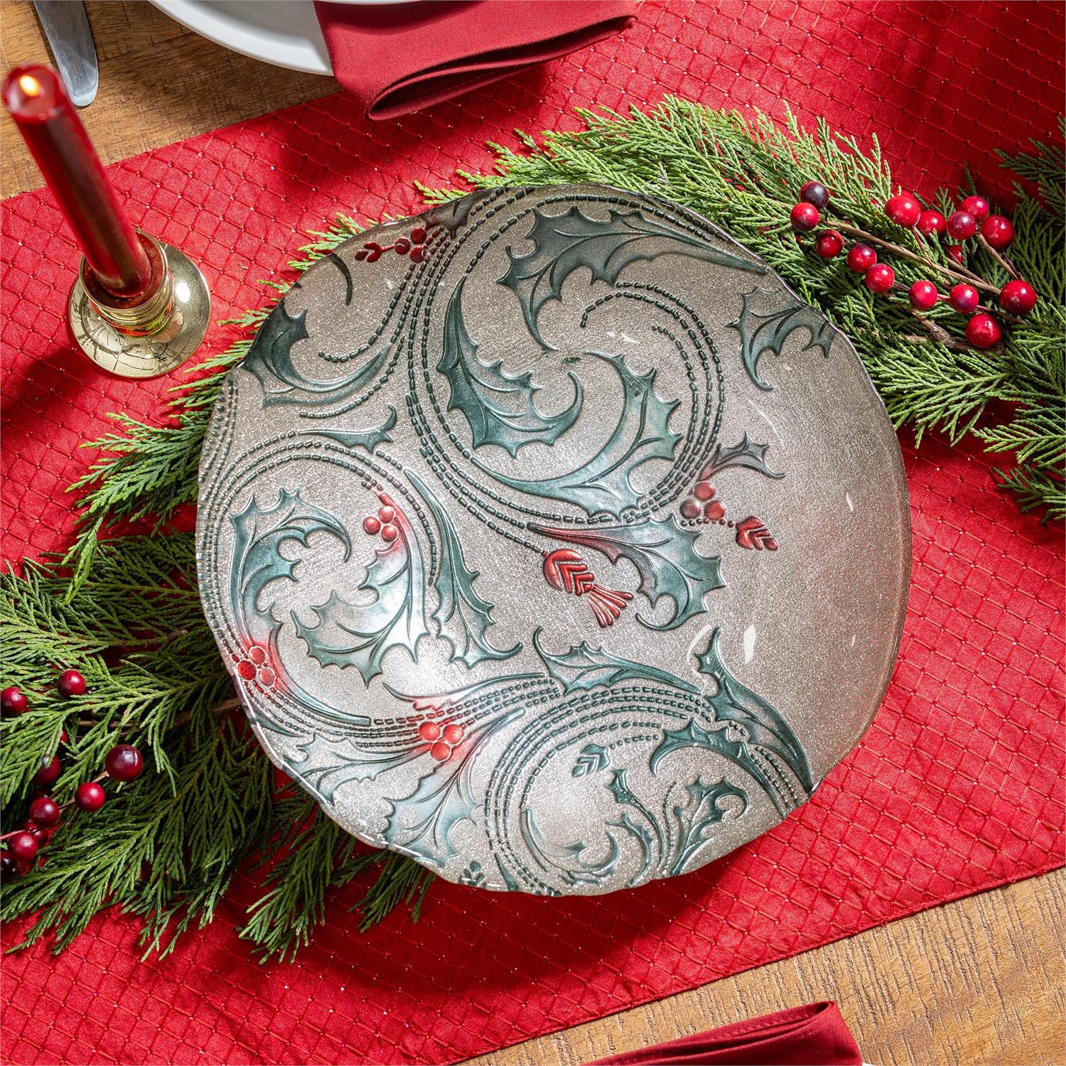 Evergreen Joyful Traditions Holly Glass Serving Bowl - Image 3
