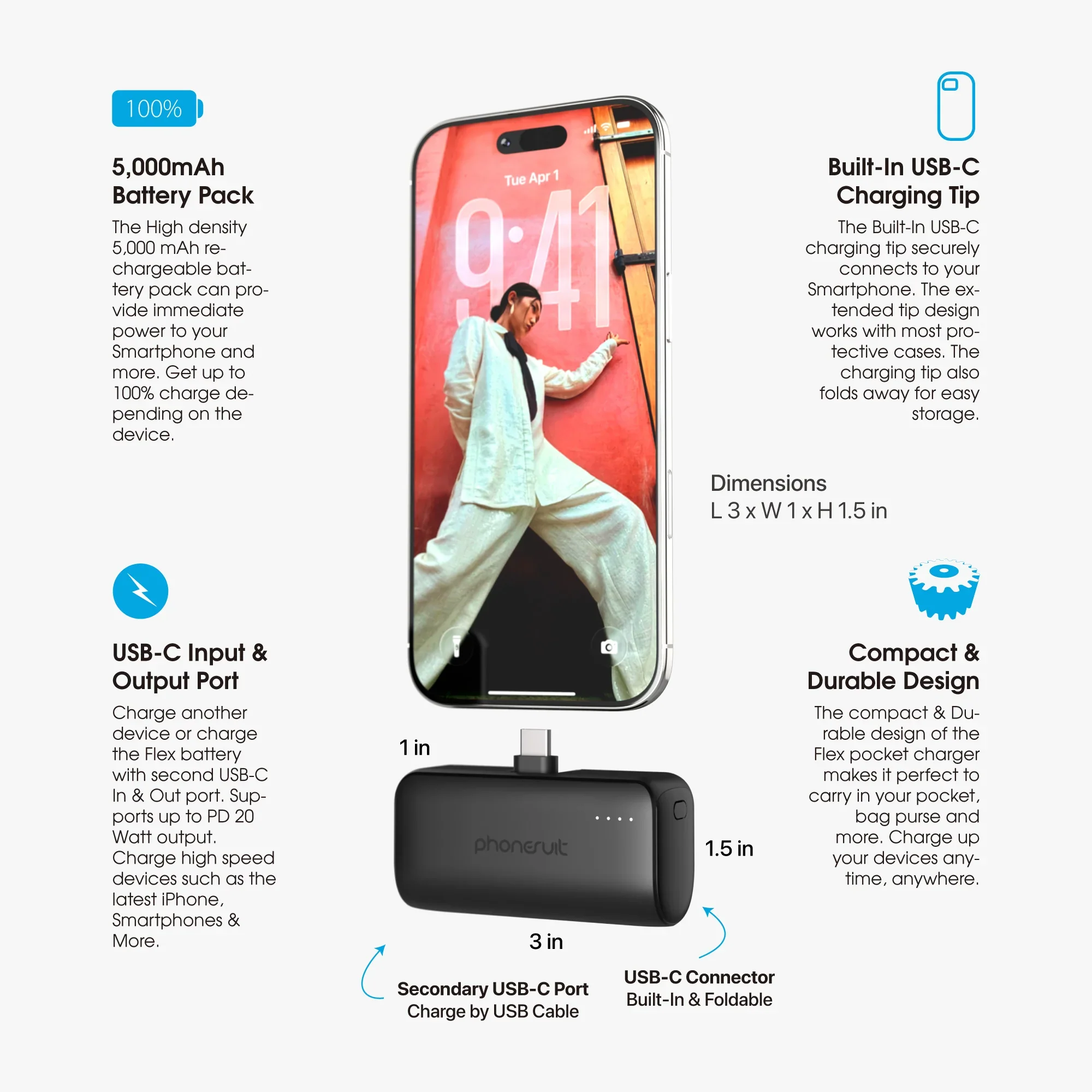 Phonesuit Flex XT - iPhone Portable Pocket Charger & Battery Pack - For USB C - Image 5