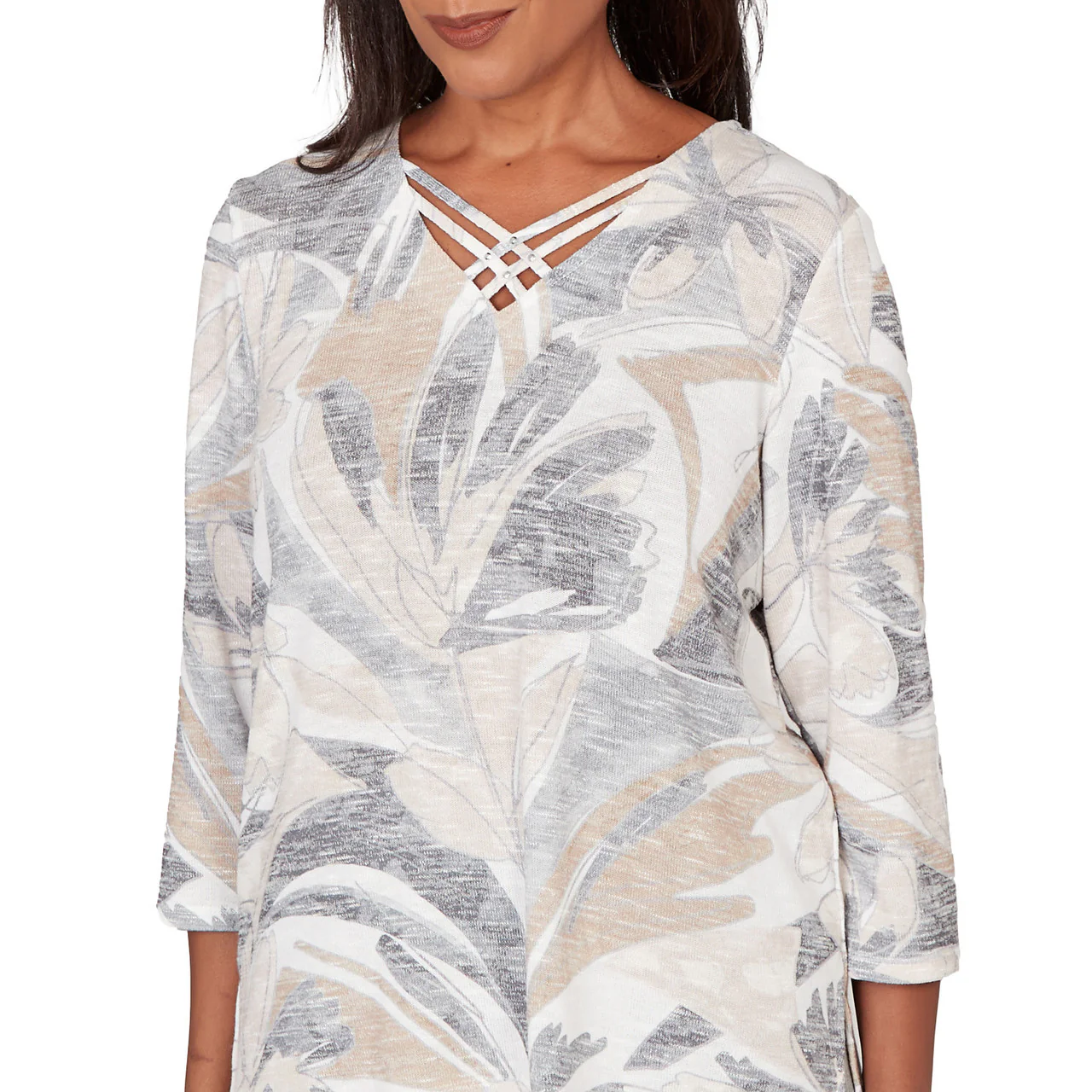 Ruby Rd. Womens Leaf Print Crossover V-Neck Top - Image 3