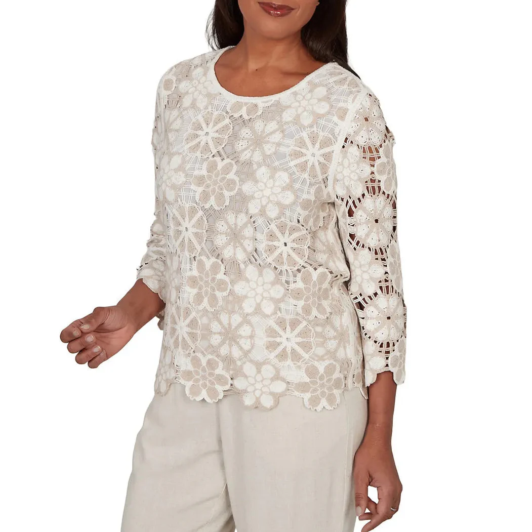Alfred Dunner Womens Floral Crochet 3/4 Sleeve Top - Image 3