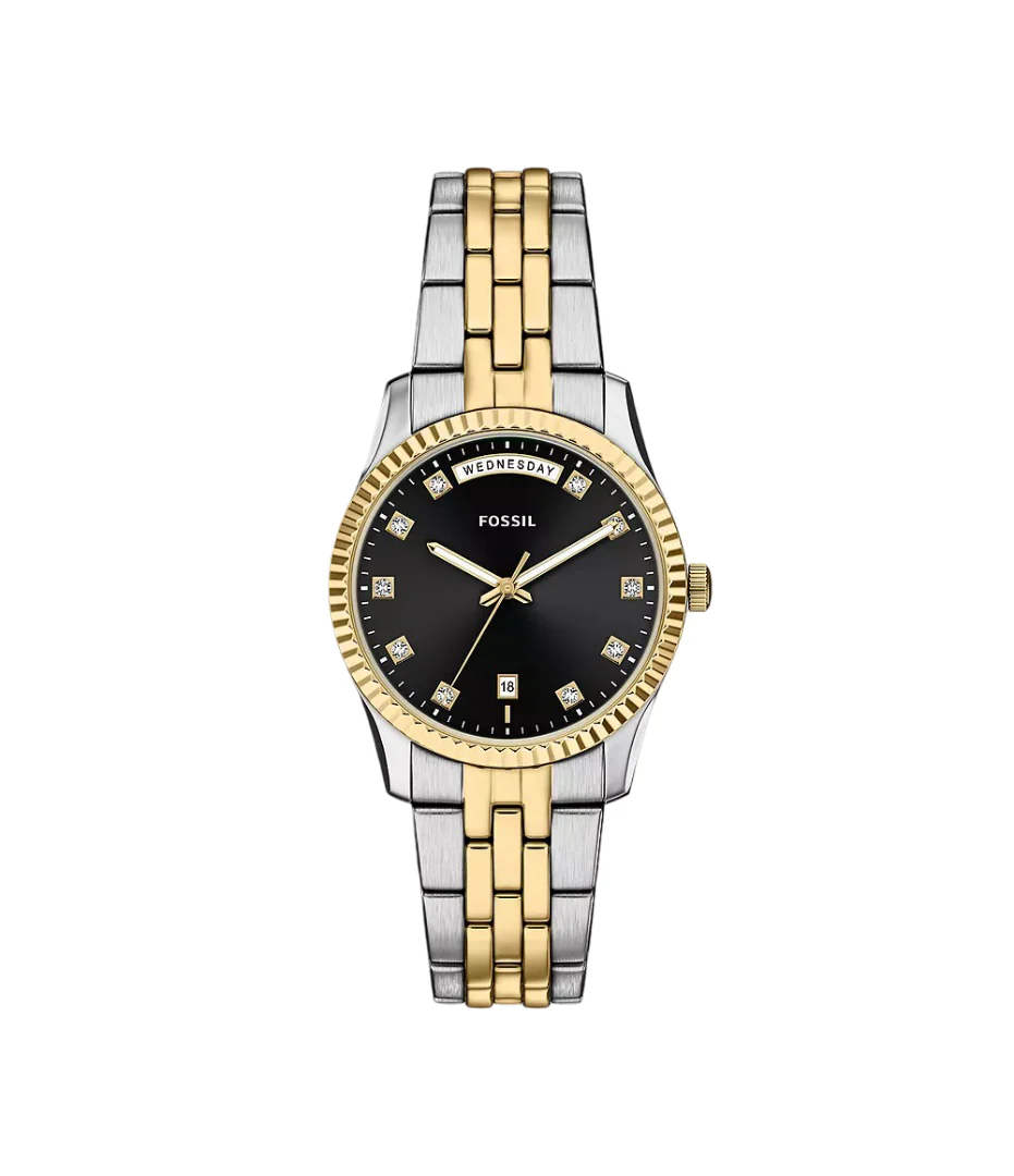 Fossil Womens Scarlette Three-Hand Day-Date Two-Tone Stainless Steel Watch