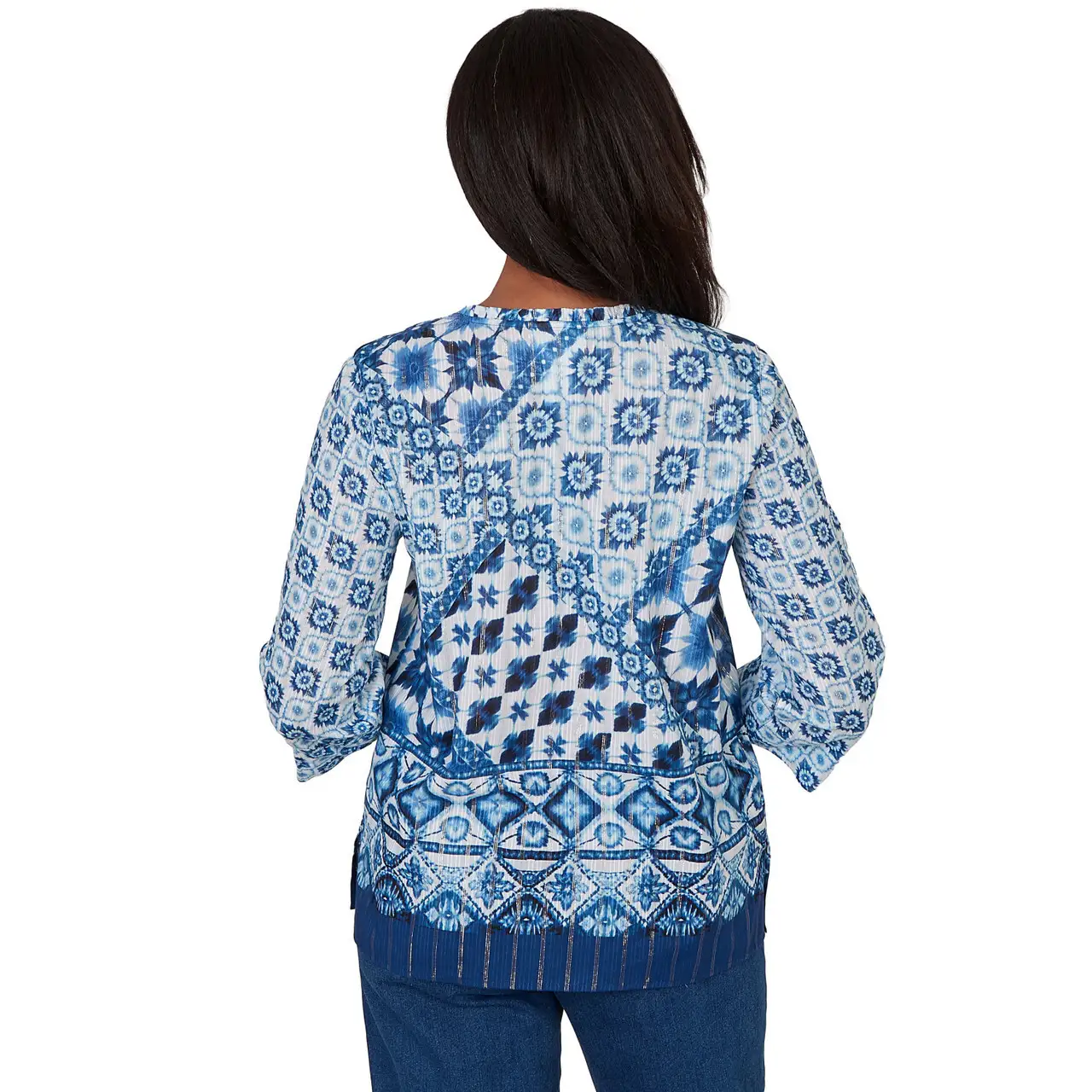 Alfred Dunner Womens Ikat Tie-Dye Patchwork Henley Top - Image 2