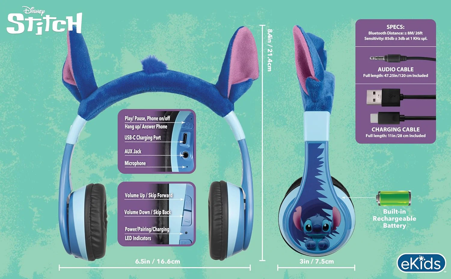 eKids Disney Stitch Bluetooth Headphones - Image 4