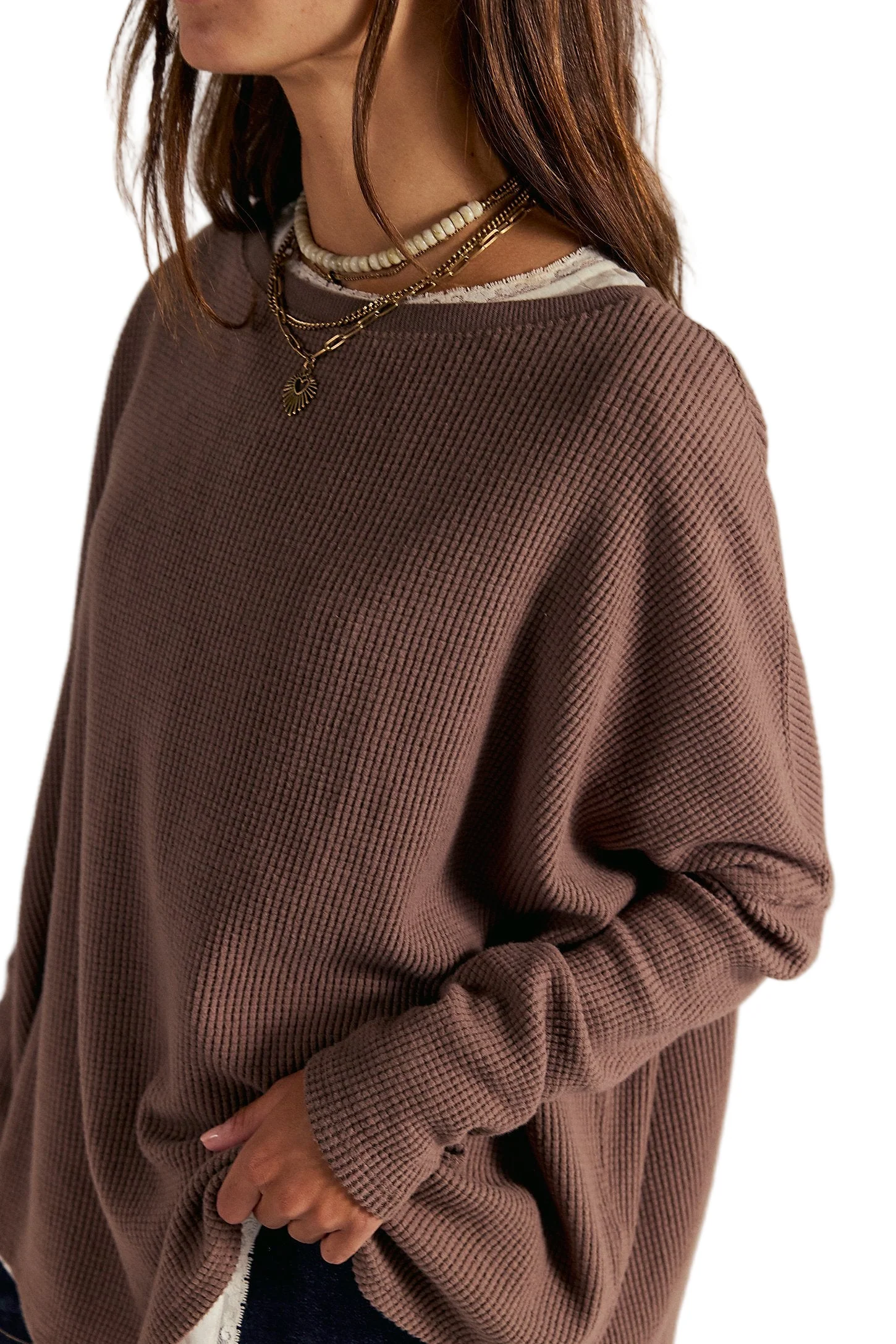 Free People Womens Latte Blues Solid Thermal Sweater - Image 2