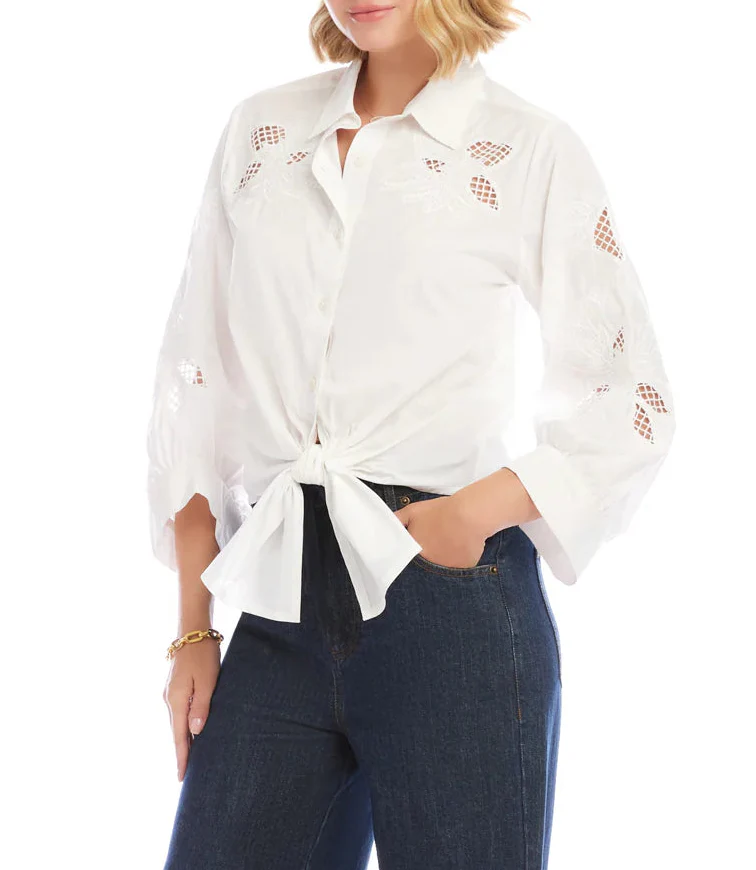 Karen Kane Womens Blouson Sleeve Embroidered Tie-Front Top - Image 2