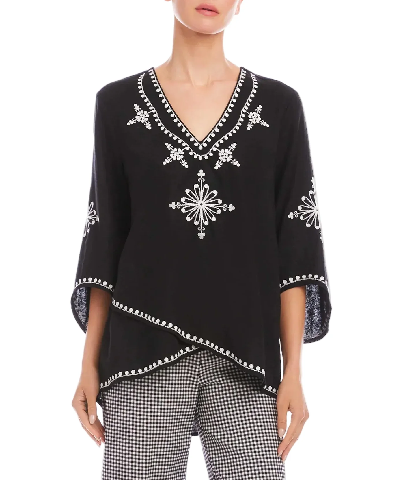 Karen Kane Womens Bracelet Sleeve Embroidered Asymmetric Top